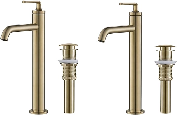 KRAUS Ramus Single Handle Vessel Sink Bathroom Faucet with Pop-Up Drain in Brushed Gold, KVF-1220BG-2PK