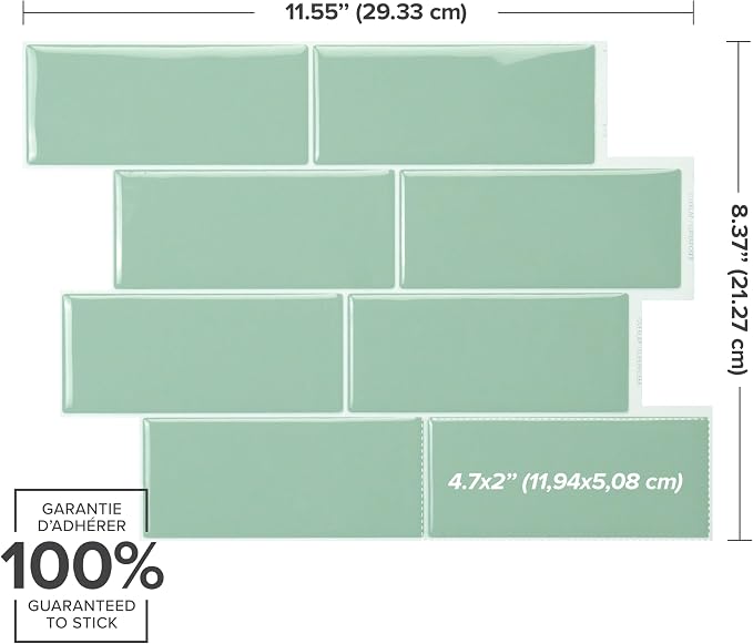 Smart Tiles Peel and Stick backsplash, Subway Jade Green, 11.55"x8.38" | Pack of 5 (2.8 sq ft), Glossy, Heat/Moisture Resistant, Low VOC, Kitchen/Bathroom, Renter Friendly, Made in Canada