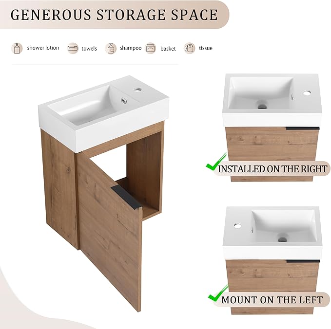 18" Small Floating Bathroom Vanity with Sink and Storage - Narrow Brown Vanity for Home