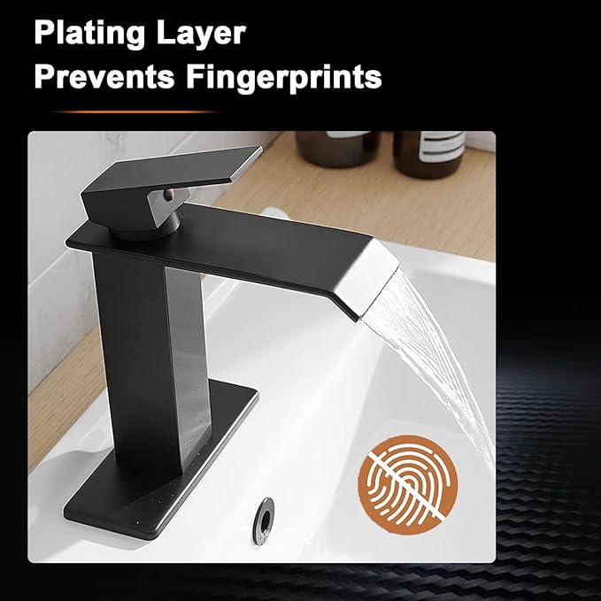 Black Waterfall Bathroom Faucet 1 Hole Deck Mount, Single Handle Bathroom Sink Faucet Modern Matte Black Lavatory Vanity Mixer Tap Commercial with Pop Up Drain