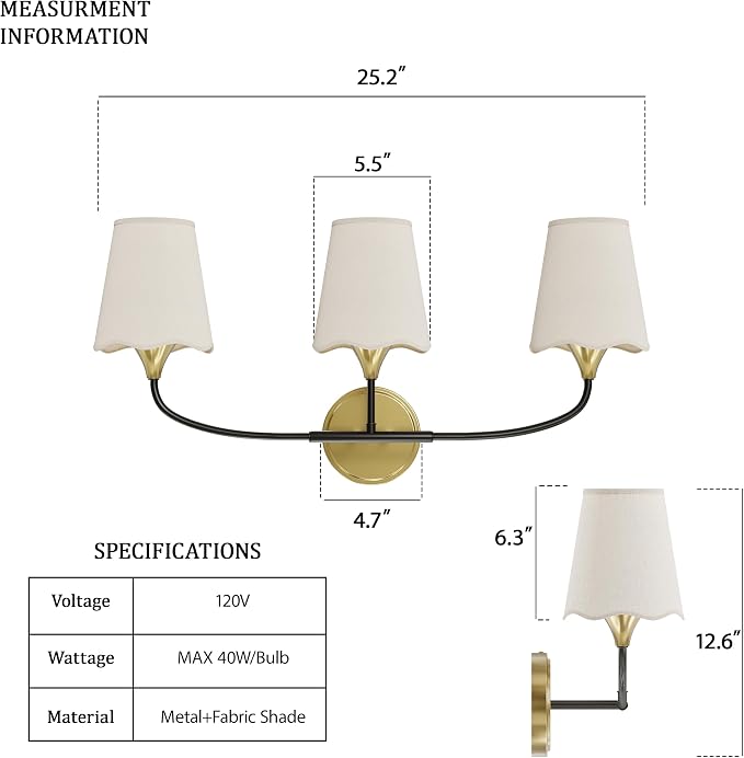 Morauroral Bathroom Light Fixtures Over Mirror, 3 Light Vanity Light for Bathroom, Black Gold Vanity Light Fixtures with Fabric Linen Shade, E26 Socket Sconce Wall Decor(ETL Listed)