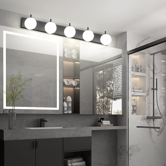Aipsun Vanity Light, 5 Lights Matte Black Bathroom Light Fixtures, Vanity Lights with Milky White Globe Glass, Black Lights Over Mirror