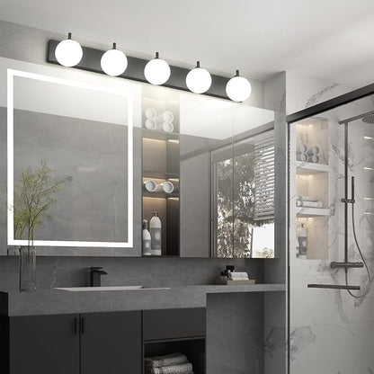 Aipsun Vanity Light, 5 Lights Matte Black Bathroom Light Fixtures, Vanity Lights with Milky White Globe Glass, Black Lights Over Mirror