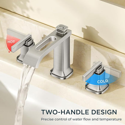 FORIOUS Bathroom Faucet 3 Hole Widespread Sink Faucets Brushed Nickel | 3-hole 4-12 Inch Widespread Sink, Square Waterfall Spout, with Drain and Hoses,for Vanity Rv Commercial Lavatory Restroom