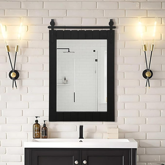 Besdomus Black Bathroom Farmhouse Mirror: 24"x36" Large Barn Door Solid Cedar Wood Frame Vanity Mirror - Wall Mounted Mirror for Entryway/Bathroom/Living Room - Rustic Home Decor for Housewife