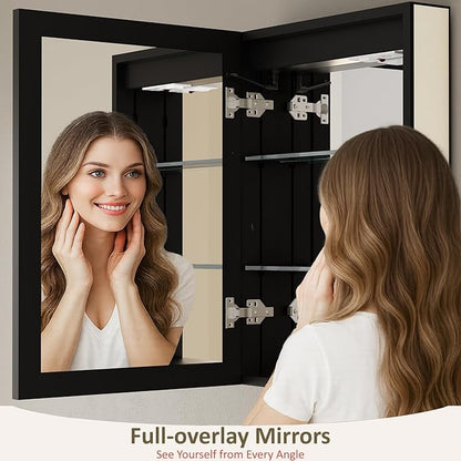 24x30 Inch Medicine Cabinet with Mirror, Recessed or Surface Mount Bathroom Medicine Cabinet with LED Lights, Anti-Fog, Adjustable Shelf, Dimmable Light, Outlets & USB,ETL Listed, Left Hinge,Black