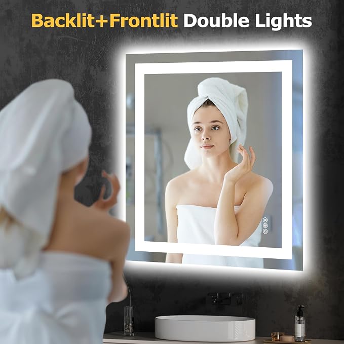 Hivone 28"X32" LED Bathroom Mirror with Lights, Anti-Fog, Dimmable, Backlit + Front Lit, Smart Bathroom Vanity Mirror, Memory Function, Shatterproof, Tempered Glass (Horizontal/Vertical)