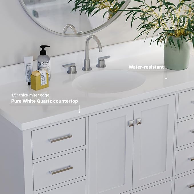 ARIEL Cambridge 54-inch Bathroom Vanity with Sink,Solid Wood, 1.5-inch Pure White Quartz Countertop & Backsplash, Single Oval Porcelain Sink, 2 Soft Closing Doors, 9 Dovetail Drawers, White