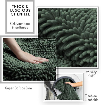 Hearth & Harbor Bathroom Rugs, Chenille Bath Mat - Machine Washable Bath Mats for Bathroom Non-Slip Backing Rubber, Quick Dry Mat - Hunter Green Bath Rug, 17x24-26x44-20x24