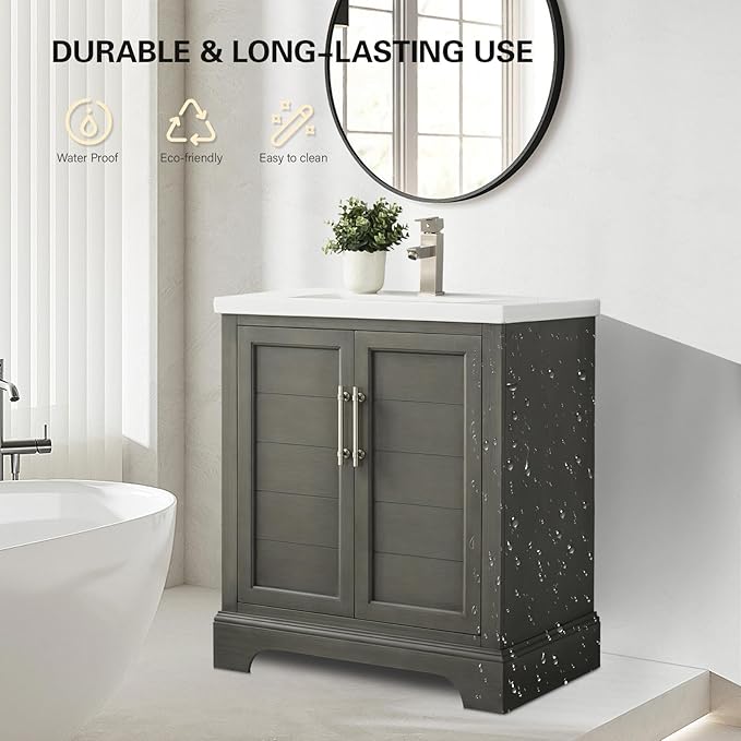 HOMEBEYOND 30 Inch Bathroom Vanity with Single Sink & Ceramic Top, Vanity Cabinet with Center Countertop Basin, Soft-Closing Doors,Sliver Grey