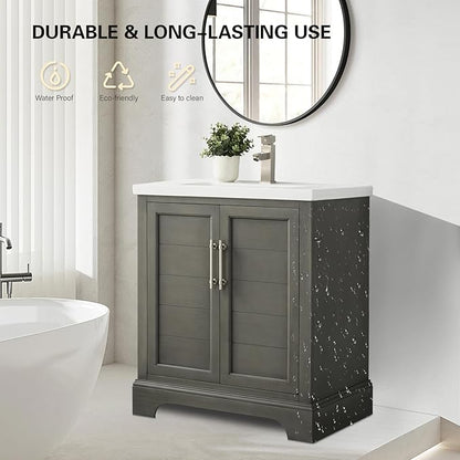 HOMEBEYOND 30 Inch Bathroom Vanity with Single Sink & Ceramic Top, Vanity Cabinet with Center Countertop Basin, Soft-Closing Doors,Sliver Grey