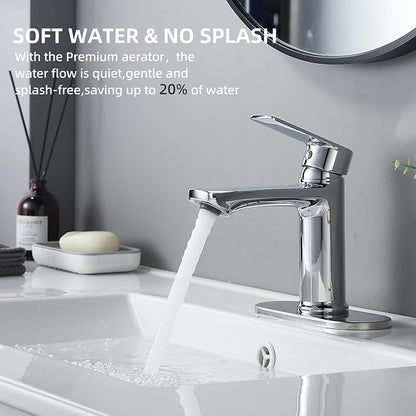 BELZ Chrome Bathroom Faucet, Lead-Free 1 or 3 Hole (4") Vanity Sink Faucet | NSF372 Compliant, Anti-corrosion Coating, 6'' Single Handle Sink Faucet with pop-up drain & hot/cold hoses, Easy DIY Install