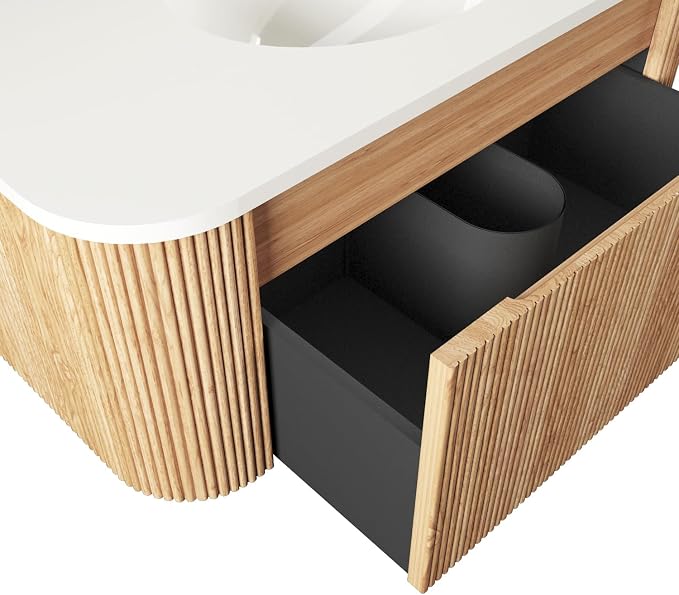 36 Inch Wall Mounted Bathroom Vanity with Ceramic Sink, Pre-Assembled Floating Vanity Cabinet with Marble Countertop, Wave Texture Finish & Drawer, Wood