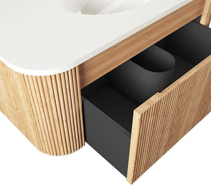 36 Inch Wall Mounted Bathroom Vanity with Ceramic Sink, Pre-Assembled Floating Vanity Cabinet with Marble Countertop, Wave Texture Finish & Drawer, Wood