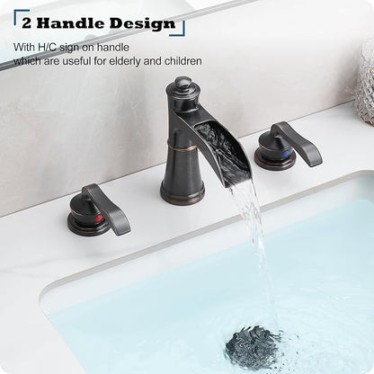 4-16 Inch Widespread Faucet Bronze Waterfall Bathroom Faucet 3 Hole Bathroom Sink Faucet, Brass Bath Faucets for Sink Two Handle Vanity Faucet with Drain and Supply Water Hose