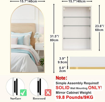 FKWin Gold Medicine Cabinet Mirror, Wall-Mounted Mirror Cabinet, 16x32 Inch | Medicine Cabinets for Bathroom, Easy Install, Adjustable Shelves, Reversible Door, Apartment and Small Bathroom Upgrade
