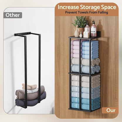 Bathroom Towel Storage, Black Bathroom Towel Holder, Wall Mounted Towels Racks Shelf Towels Organizer for Rolled Towels, 34inch Modern Storage Rack Organizer for RV