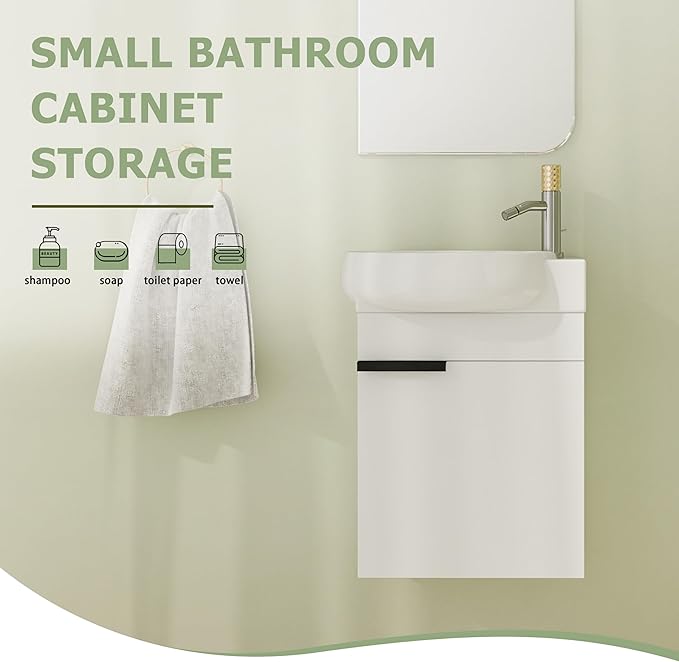 16" Bathroom Vanity with Sink, 16 Inch Floating Bathroom Vanity for Small Space, Modern Bathroom Vanity, White Wall Mounted Cabinet Set (029, GWH.16''W x 12''D)