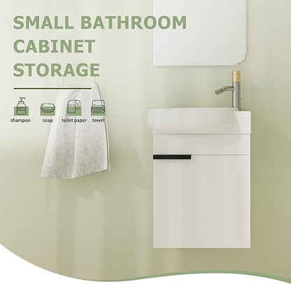 16" Bathroom Vanity with Sink, 16 Inch Floating Bathroom Vanity for Small Space, Modern Bathroom Vanity, White Wall Mounted Cabinet Set (029, GWH.16''W x 12''D)