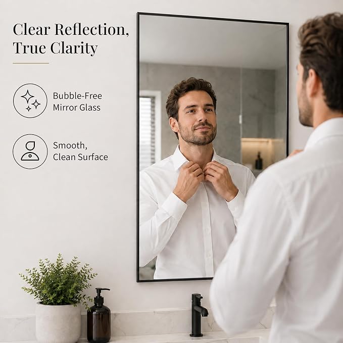 24x36 Matte Black Framed Rectangle Bathroom Vanity Wall Mirror | Over-Sink Vanity Mirror, Slim Metal Frame, Entryway or Dresser Use, Vertical/Horizontal Mount, Tempered Glass
