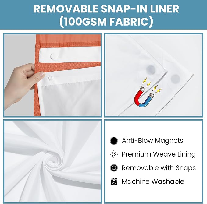 SORTTO No Hook Shower Curtain with Snap in Liner Set Waffle Shower Curtain for Bathroom Hotel Style Fabric Waterproof Inner Liner，71" W x 74" H, Coral