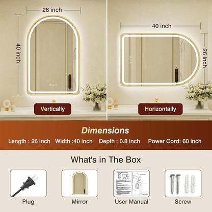 26x40 Inch Arched Gold Framed LED Bathroom Mirror with Lights,Smart Bathroom Mirror,Motion Sensor,Tempered Glass,Anti-Fog,Stepless Dimmable & 3 Colors,Memory,Vanity Mirror for Wall