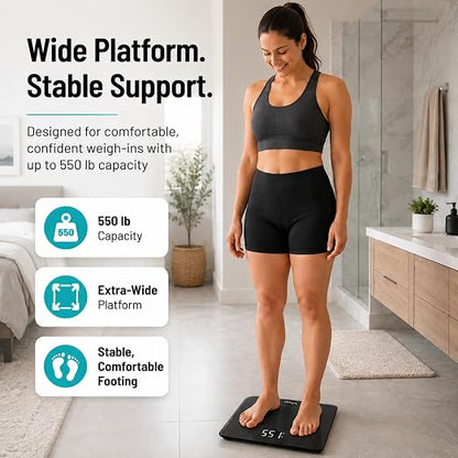 Vive Smart Body Weight Scale (550lbs Capacity) - Heavy Duty Bariatric Digital Scale for BMI - Plus Size, Large Display - Bathroom Device for Health Extra Wide Base & Smartphone Connectivity