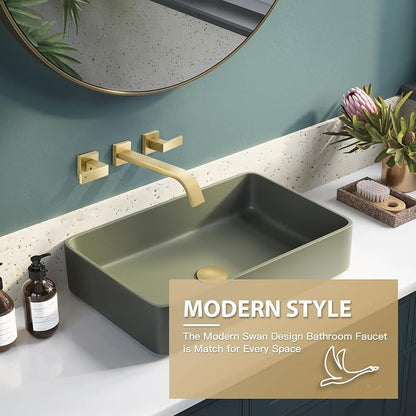 Brass Wall Mount Bathroom Faucet,Wall Mounted Vessel Sink Faucet with Dual Lever Handles,Widespread 3 Holes Wall Faucet for Vanity Lavatory Sink,Pop Up Without Overflow Drain Assembly Included