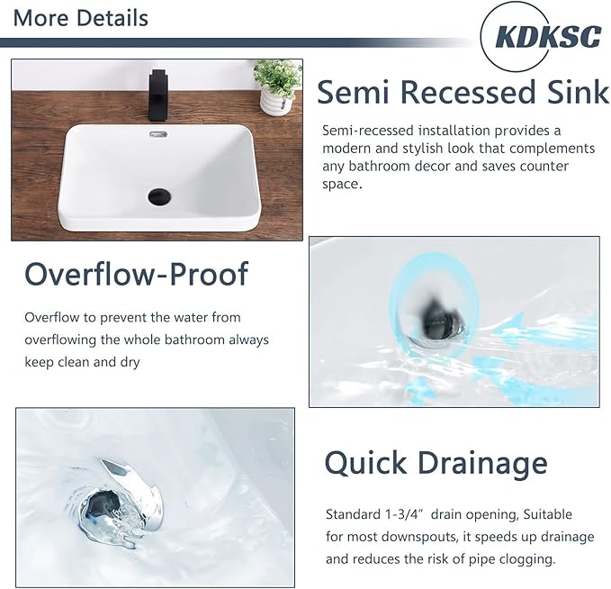 Bathroom Vessel Sink 21.6" X 14.3" Semi Recessed Bathroom Sink Rectangular Drop In Bathroom Sinks with Overflow White Ceramic Vessel Sinks for Bathroom Modern Above Counter Basin Vanity Sink