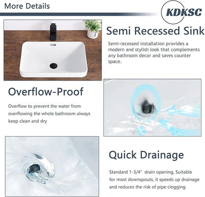 Bathroom Vessel Sink 21.6" X 14.3" Semi Recessed Bathroom Sink Rectangular Drop In Bathroom Sinks with Overflow White Ceramic Vessel Sinks for Bathroom Modern Above Counter Basin Vanity Sink