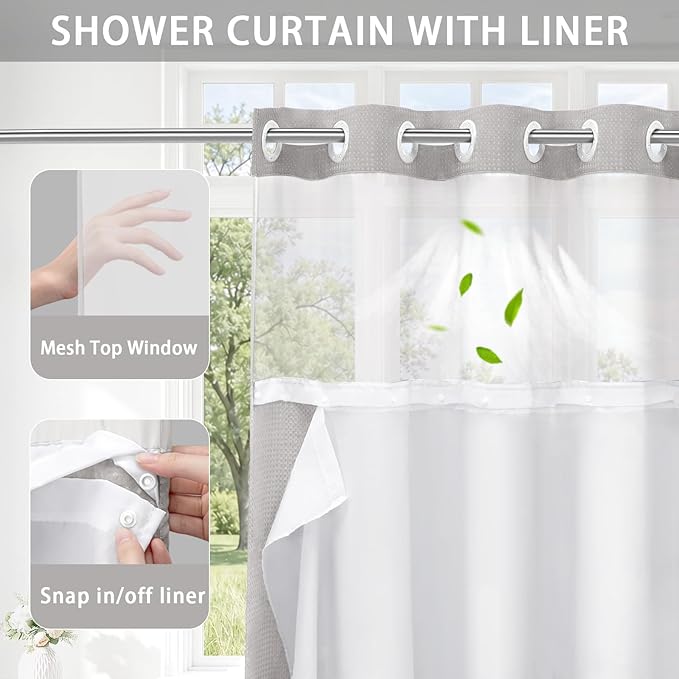 No Hook Shower Curtain with Liner Set Hotel Waffle Light Grey 60W X 75L | Washable Snap in Fabric Liner, Mesh Top Window, Waffle Hotel Style Shower Curtain Set