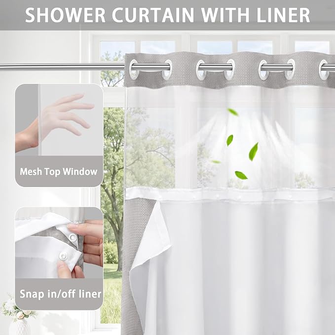 No Hook Shower Curtain with Liner Set Hotel Waffle Light Grey 78W X 75L | Washable Snap in Fabric Liner, Mesh Top Window, Waffle Hotel Style Shower Curtain Set