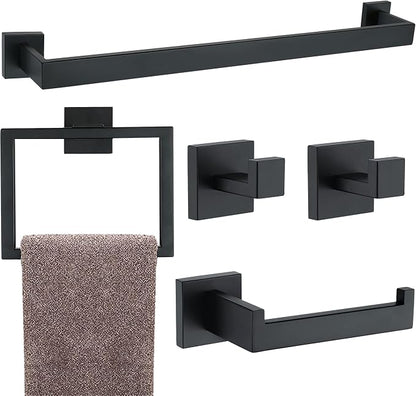 5 Pieces Bathroom Hardware Accessories Set Matte Black, 24Inch Square Towel Racks Set for Bathroom, SUS304 Stainless Steel Towel Bar Set, Bath Accessories Sets Wall Mounted