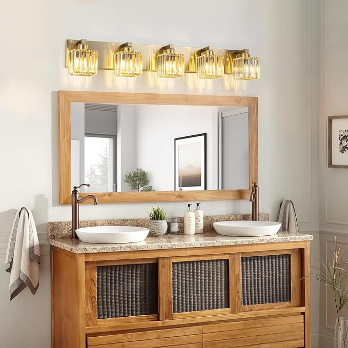 Gold Crystal Bathroom Vanity Lights, 5 Lights Bathroom Lighting Fixtures Over Mirror Modern Gold Crystal Wall Light with Square Shade