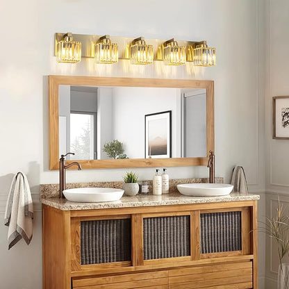 Gold Crystal Bathroom Vanity Lights, 5 Lights Bathroom Lighting Fixtures Over Mirror Modern Gold Crystal Wall Light with Square Shade