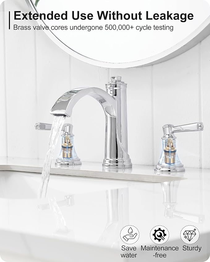 Waterfall Chrome Bathroom Faucet 3 Hole, Brass 4-16 Inch Widespread Bathroom Sink Faucet with Pop Up Drain, cUPC Supply Lines and 2 Handles for Vanity, Restroom, 10 Min Install