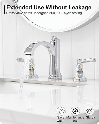 Waterfall Chrome Bathroom Faucet 3 Hole, Brass 4-16 Inch Widespread Bathroom Sink Faucet with Pop Up Drain, cUPC Supply Lines and 2 Handles for Vanity, Restroom, 10 Min Install
