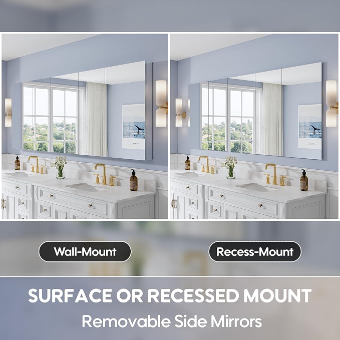 92" x 36" Bathroom Medicine Cabinet with Mirror, Anodized Chrome Aluminum Frame, Surface Mount or Recessed Medicine Cabinet with Mirror, Bathroom Mirror with Storage, Five Doors