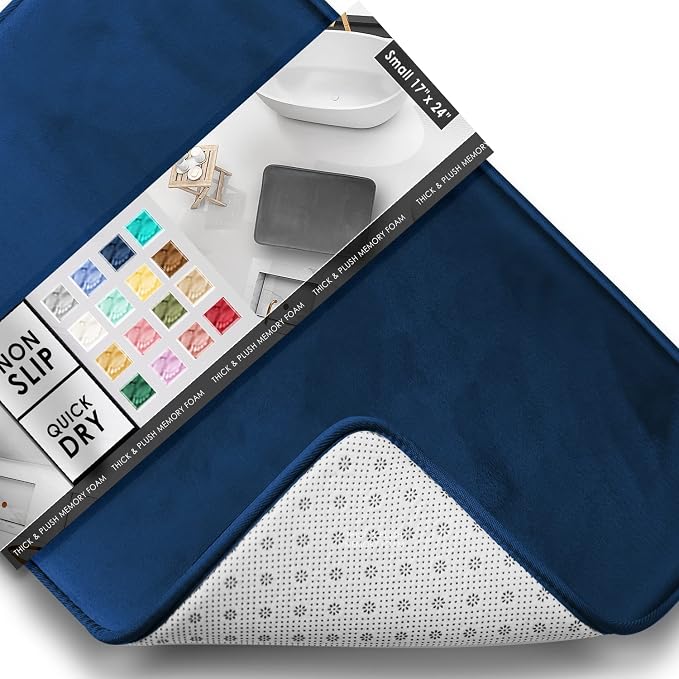 Clara Clark Bathroom Rugs, Velvet Memory Foam Bath Mat, Non-Slip, Machine Washable Bath Rugs - Dries Quickly, Ultra Soft Plush Bath Mats for Bathroom, 17 x 24, Royal Blue