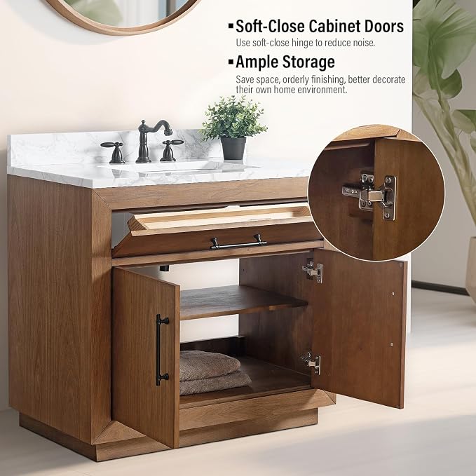 Vanity Art Modern Bathroom Cabinet with Carrara Marble Top, 36 inch Tan Wood Cabinet, Single Sink, Soft Closing Doors, Removable Shelf, VA7036E