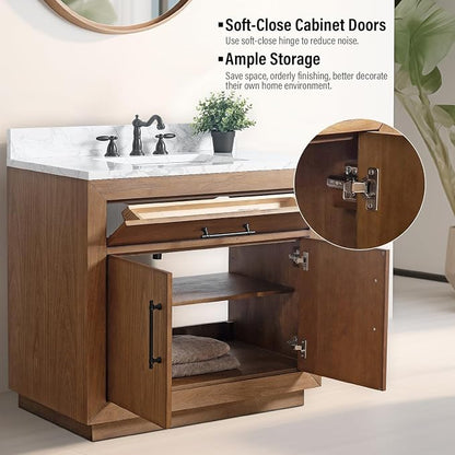Vanity Art Modern Bathroom Cabinet with Carrara Marble Top, 36 inch Tan Wood Cabinet, Single Sink, Soft Closing Doors, Removable Shelf, VA7036E