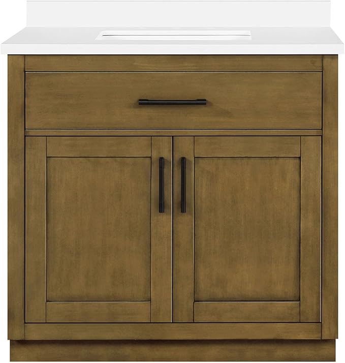 OVE Decors Bailey 36 in. Single Sink Freestanding Almond Latte Bathroom Vanity with White Quartz Top and Matching Backsplash