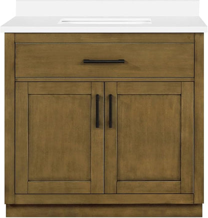 OVE Decors Bailey 36 in. Single Sink Freestanding Almond Latte Bathroom Vanity with White Quartz Top and Matching Backsplash