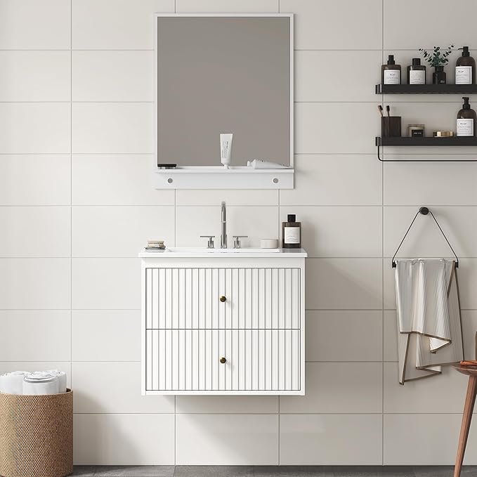 RoyalCraft 24'' Bathroom Vanity with Sink Combo, Wall Mounted Floating Sink Cabinet with 2 Hidden Damping Drawers, Grooved Stripe Design Bathroom Ceramic Sink Cabinet, White