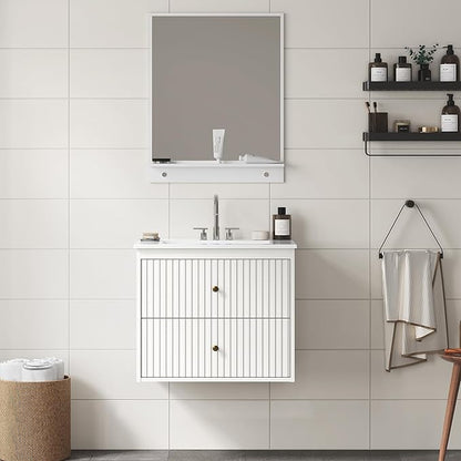 RoyalCraft 24'' Bathroom Vanity with Sink Combo, Wall Mounted Floating Sink Cabinet with 2 Hidden Damping Drawers, Grooved Stripe Design Bathroom Ceramic Sink Cabinet, White