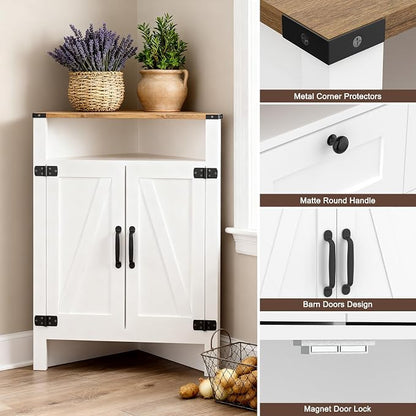 M METERXITY Bathroom Corner Cabinet with Barn Doors, Adjustable Shelf | 32"H Farmhouse Small Storage Cabinet, 3-Tier Space Saver, Open Storage, Kitchen, Pantry, Living, Entryway, White Walnut
