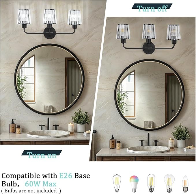 Black Vanity Lights, 3-Light Crystal Bathroom Light Fixtures | Modern Bathroom Vanity Light E26 Wall Light over Mirror (Exclude Bulb)