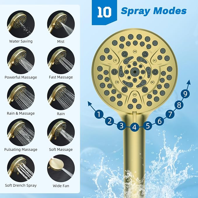 Hibbent High Pressue All Metal 10" Rainfall Shower Head, Handheld 10-Spray | cUPC Certified Brushed Gold Dual Showerhead Combo, 4-way Diverter with Pause Mode, Brass Extension Arm, 71'' Hose & Holder