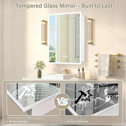 LED Medicine Cabinet,Recess Mirror Cabinet for Bathroom,3 Color,Dimmable,Demister, Detachable Side Panel for Recess Mount or Surface Mount,USB Shaver Socket, Internal Lighting,16x24inch,White