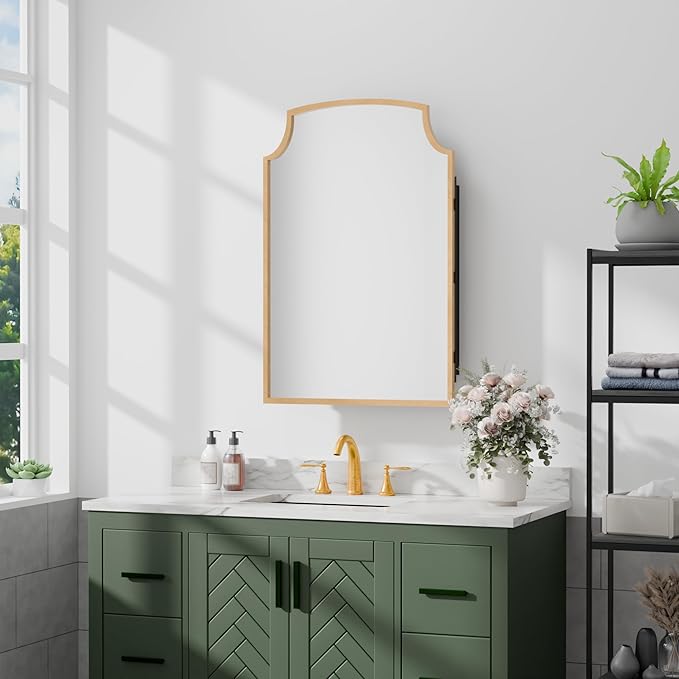 Casaphoria 30" H x 20" W Arched Bathroom Medicine Cabinet with Mirror,Metal Frame Wall Medicine Cabinets Mirrors, Wall Mirror Cabinet, Gold